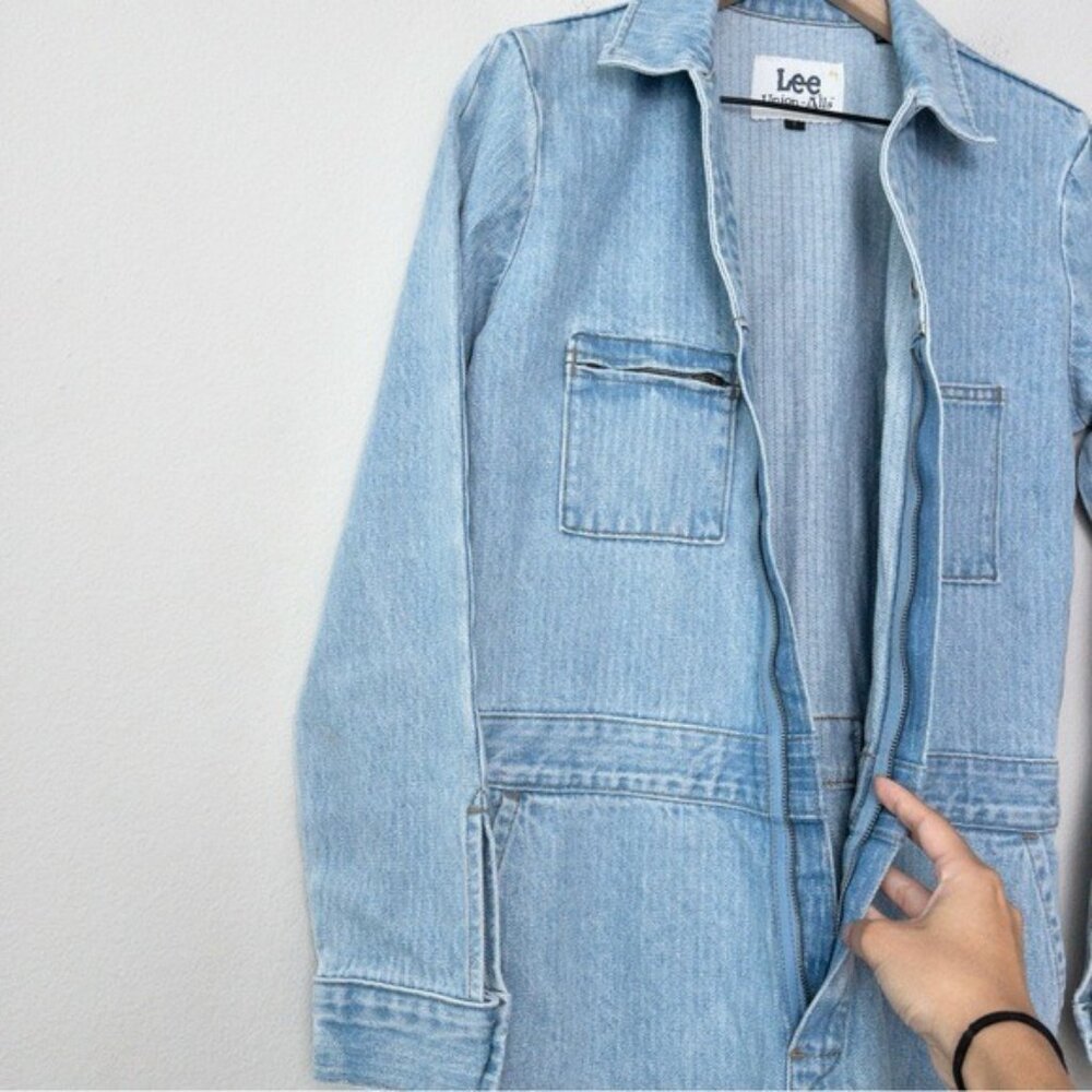NWT Free People x Lee Union-Alls Coverall Denim Jumpsuit S Sky Blues Stripe - Picture 7 of 16